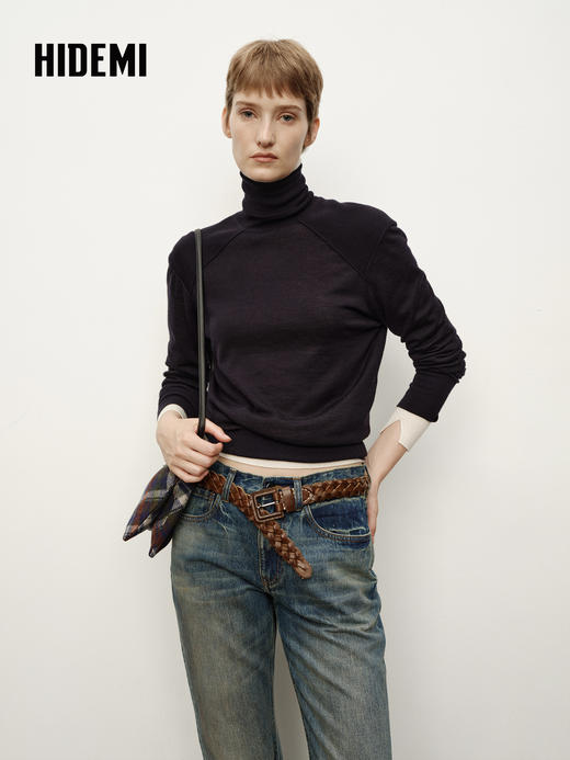 HIDEMI 进口澳洲美利奴羊毛立体双层拼接宽肩小头神器高领可外穿半宽松打底毛衣 商品图7