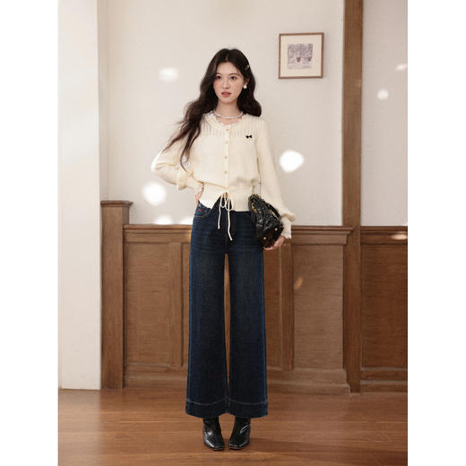 鹿向南「假日印象」深蓝色高腰休闲牛仔裤女秋季港风垂感直筒长裤 商品图1