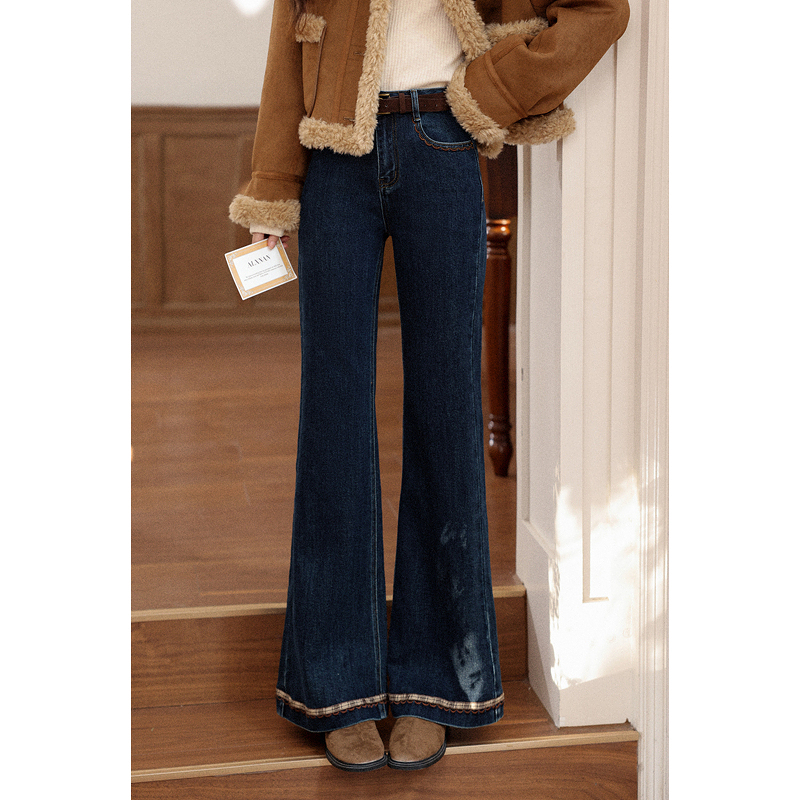 鹿向南「微风情书」复古深蓝色微喇牛仔裤女秋直筒显瘦小个子长裤