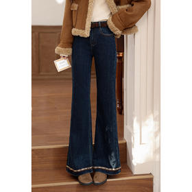 鹿向南「微风情书」复古深蓝色微喇牛仔裤女秋直筒显瘦小个子长裤