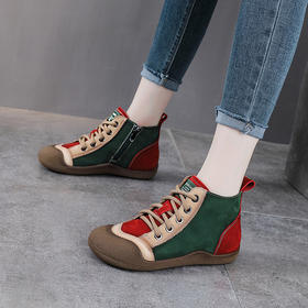 YR 2895短靴真皮复古平底休闲高帮鞋拼色英伦风马丁靴