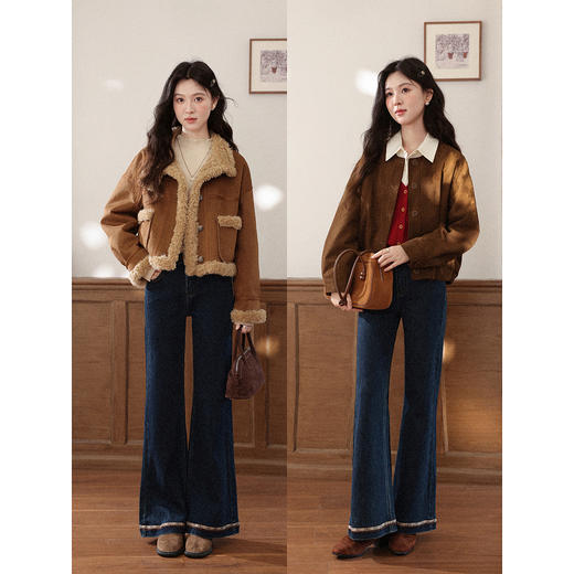 鹿向南「微风情书」复古深蓝色微喇牛仔裤女秋直筒显瘦小个子长裤 商品图4