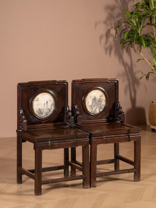 清	红木镶云石背屏椅（一对） 商品图1