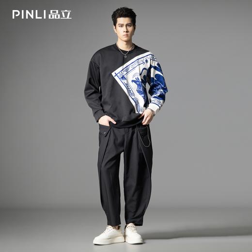 PINLI品立2025秋季新款国潮印花拼接卫衣潮牌宽松休闲套头男上衣B253109054 商品图1