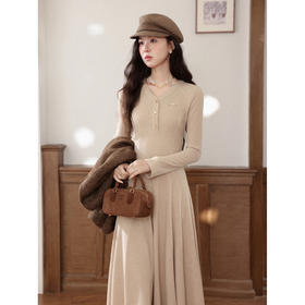 鹿向南「竹影若梦」燕麦色修身显瘦长袖连衣裙女秋新款A字打底裙