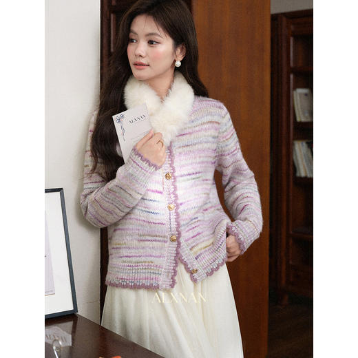 鹿向南「缎带情书」小香风条纹紫色圆领针织毛衣女秋季巨显瘦上衣L59007 商品图3