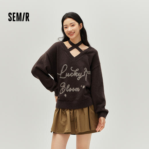 森马毛衣女冬季V领挂脖宽松刺绣蝴蝶结2025新款盐甜系设计感上衣 商品图0