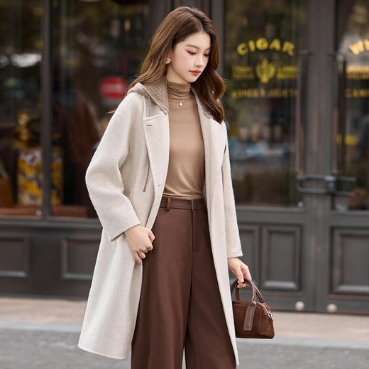 HR1231高级感连帽双面羊毛大衣2025秋冬新款长款气质女式毛呢外套 商品图1