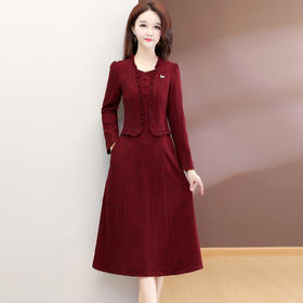 QYM 54C2528-1-Y假两件妈妈装连衣裙气质礼服裙中长裙