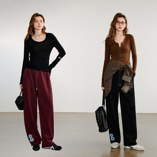 初语休闲裤女新款弧形香蕉裤棉感绿绒蒿绣花植物系卫衣裤 商品图4