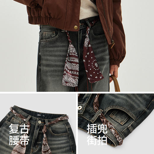 森马牛仔裤女冬腰带抓绒宽松喇叭裤做旧2025新款高街港风街头长裤 商品图3