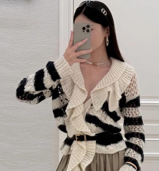 双11福利款  可拆卸荷叶领开衫  亚麻马海毛  条纹镂空针织衫 商品图0