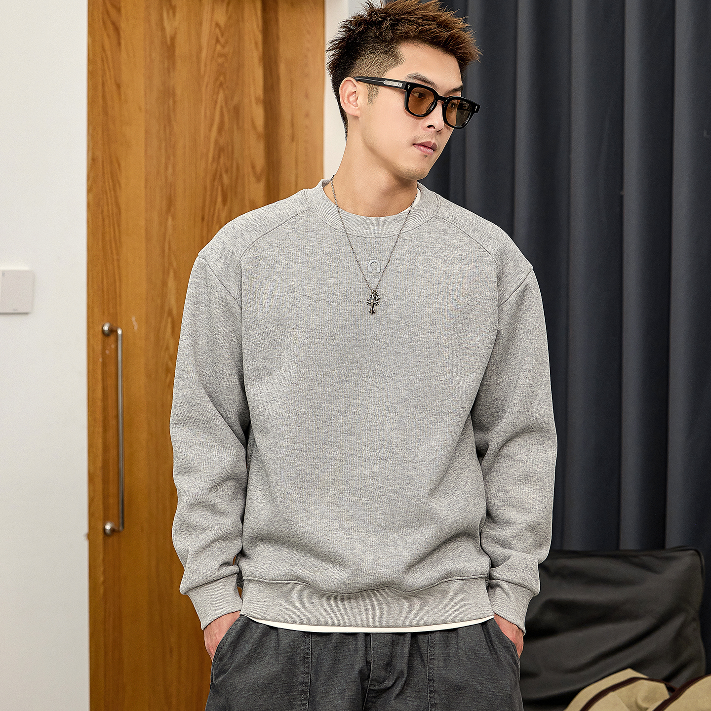 徐太浪【cleanfit 花灰色】简约刺绣卫衣男秋冬保暖内搭打底上衣