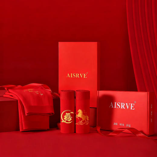 【2内+2袜-盒装】AISRVE男士大红纯棉内裤福袜套装  马年本命年短裤 新年平角裤 喜庆红内裤 商品图2