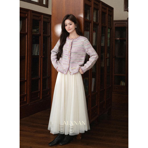 鹿向南「缎带情书」小香风条纹紫色圆领针织毛衣女秋季巨显瘦上衣L59007 商品图1