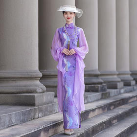 NL20250422紫色新款中式改良旗袍立领法式网纱蝴蝶袖旗袍长裙古典旗袍舞蹈服