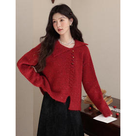 鹿向南「港岛暮色」红色翻领毛衣女秋冬季时尚外搭宽松长袖针织衫