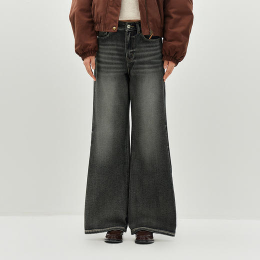 森马牛仔裤女冬腰带抓绒宽松喇叭裤做旧2025新款高街港风街头长裤 商品图2