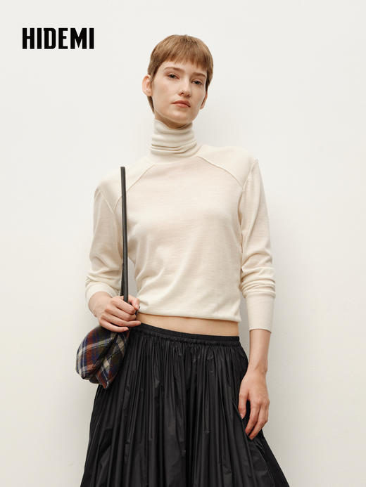 HIDEMI 进口澳洲美利奴羊毛立体双层拼接宽肩小头神器高领可外穿半宽松打底毛衣 商品图0