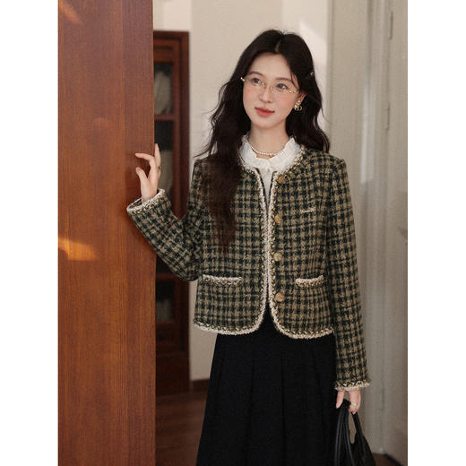 鹿向南「复古格调」复古气质小香风绿色格纹短外套女秋季显瘦上衣L59015 商品图2
