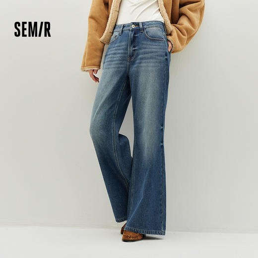 森马牛仔裤女冬腰带抓绒宽松喇叭裤做旧2025新款高街港风街头长裤 商品图1