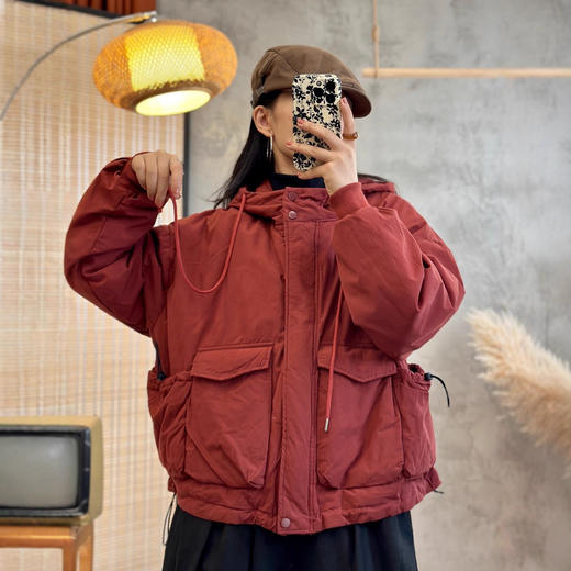 2025冬季新款 复古拼接贴布大口袋做旧棉衣 宽松连帽外搭开衫棉衣 商品图2