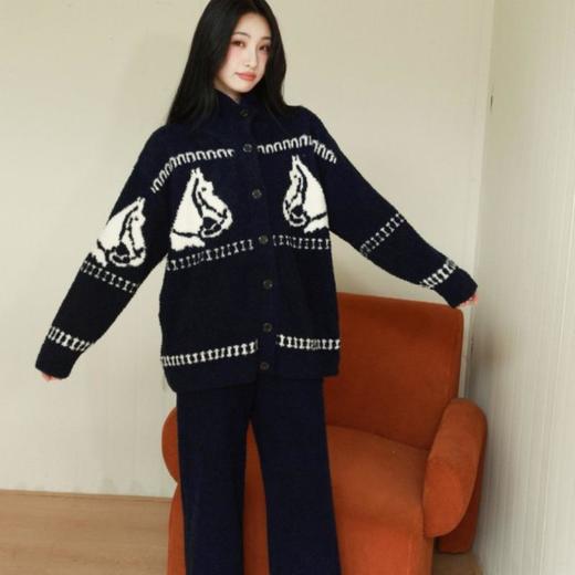 超季款【马年限定】2026秋冬新款马年高级感半边绒开衫睡衣女藏青色显白家居服套装可外穿 商品图1