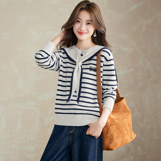 海军领条纹针织衫，慵懒风蝴蝶结长袖上衣显瘦毛衣打底衫CC-XFY-3201 商品图3