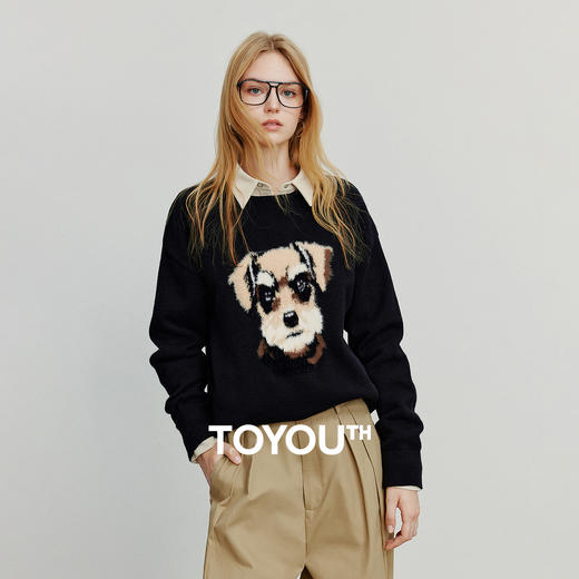 初语针织衫女新款减龄童趣毛绒狗头毛织保暖复古上衣 商品图0