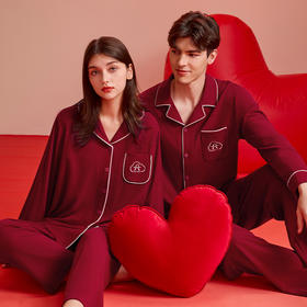 芬腾情侣睡衣春秋季长袖开衫女红色结婚本命年套装男士大码家居服