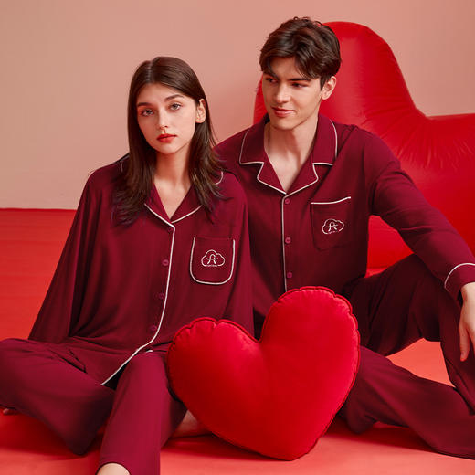 芬腾情侣睡衣春秋季长袖开衫女红色结婚本命年套装男士大码家居服 商品图0