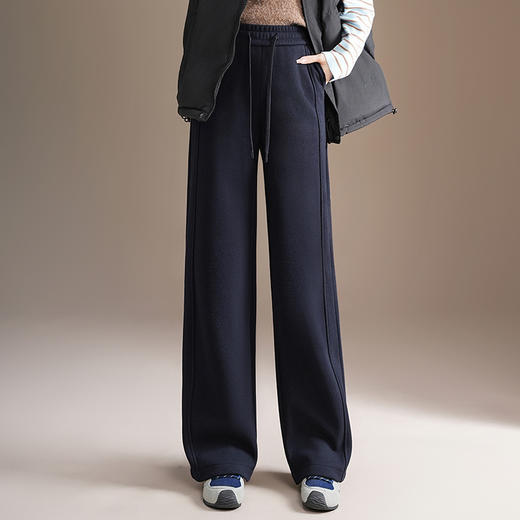 QYM 9573-Y羊毛呢加绒阔腿裤松紧高腰直筒裤宽松休闲裤 商品图1