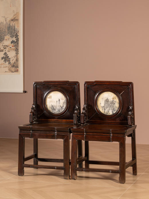 清	红木镶云石背屏椅（一对） 商品图0