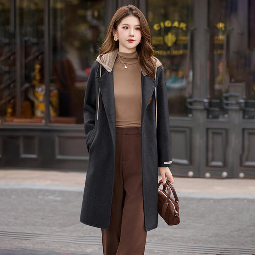 HR1231高级感连帽双面羊毛大衣2025秋冬新款长款气质女式毛呢外套 商品图2