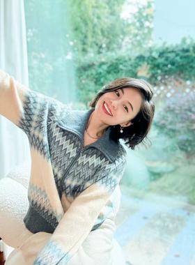 衣尚 菱格提花翻领开衫EWF401001N