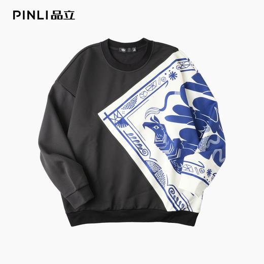 PINLI品立2025秋季新款国潮印花拼接卫衣潮牌宽松休闲套头男上衣B253109054 商品图3