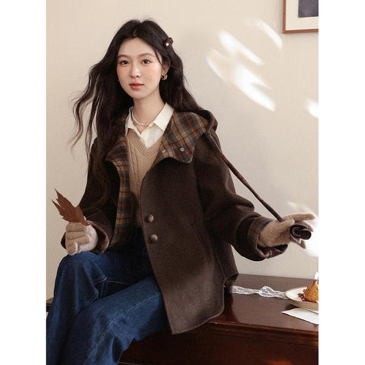 鹿向南「旧时光影」深咖色格纹复古风2025秋冬新款宽松连帽外套女 商品图0