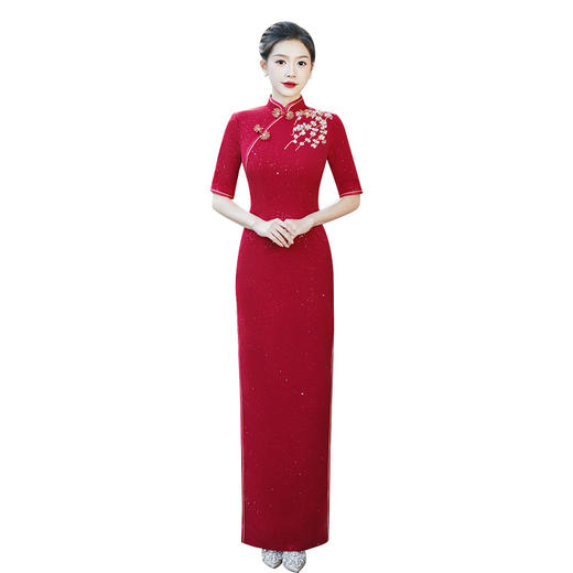 红色走秀旗袍2025舞台演出表演走秀礼仪主持人婚纱礼服旗袍秋季款 商品图4