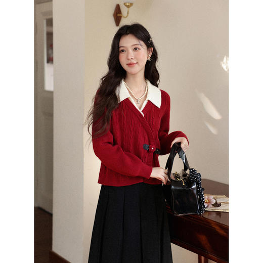 鹿向南「落日海棠」红色假两件拼接设计感毛衣女秋季气质长袖上衣 商品图1
