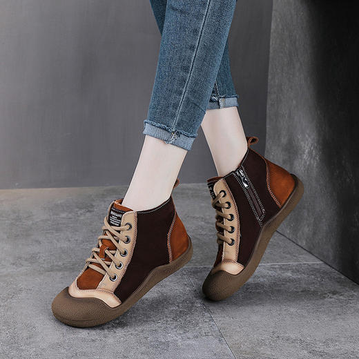 YR 2895短靴真皮复古平底休闲高帮鞋拼色英伦风马丁靴 商品图3