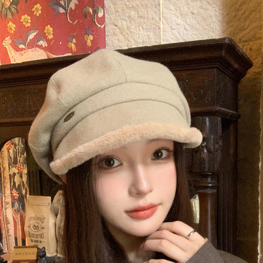 【时尚百搭❗️格纹毛绒八角帽】修饰脸型巨显脸小，毛绒毛呢锁温保暖，文艺新潮更潮搭，保暖女百搭显脸小贝雷帽高级感画家帽QQ 商品图8