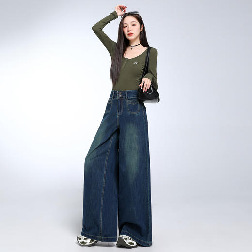 【加绒加厚】罗蒙女士冬款加绒阔腿牛仔裤高腰双排扣直筒显瘦时尚通勤女长裤 商品图1