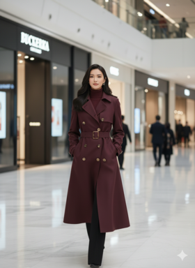 双排扣腰带长款风衣