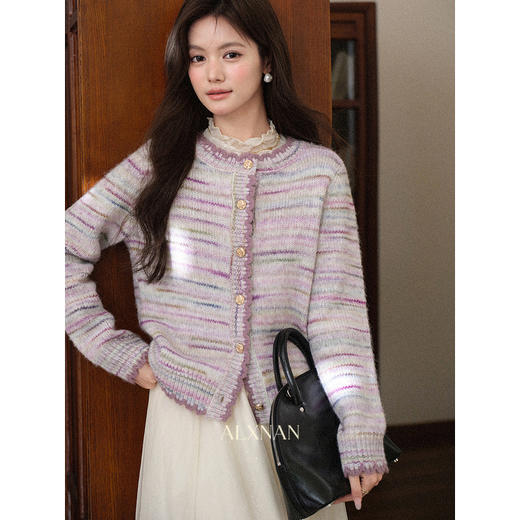 鹿向南「缎带情书」小香风条纹紫色圆领针织毛衣女秋季巨显瘦上衣L59007 商品图0