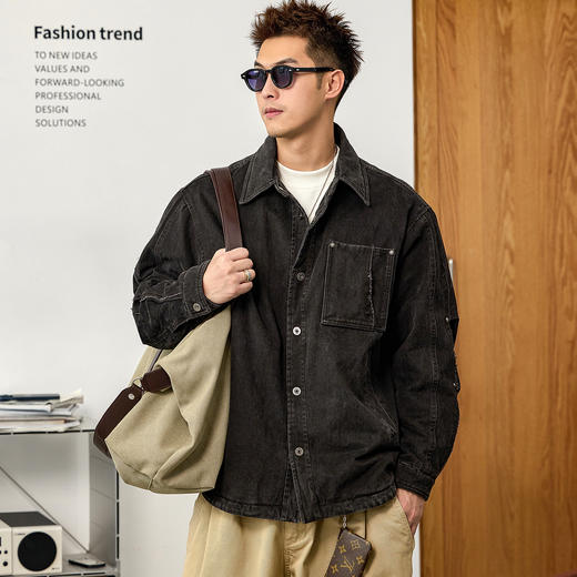 徐太浪【做旧磨边 工装风】黑色翻领羽绒服男秋冬保暖防寒服外套 商品图2