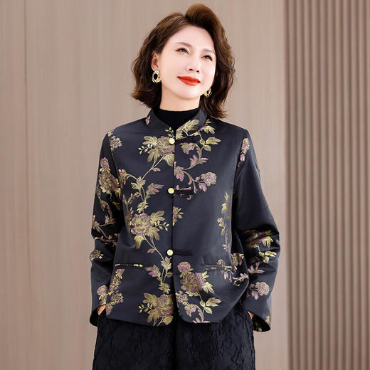 2025秋冬新款中年妈妈轻中式v领廓形复古盘扣长袖宽松外套女上衣 商品图1