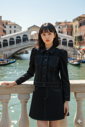 借肩泡泡袖撞明线夹克