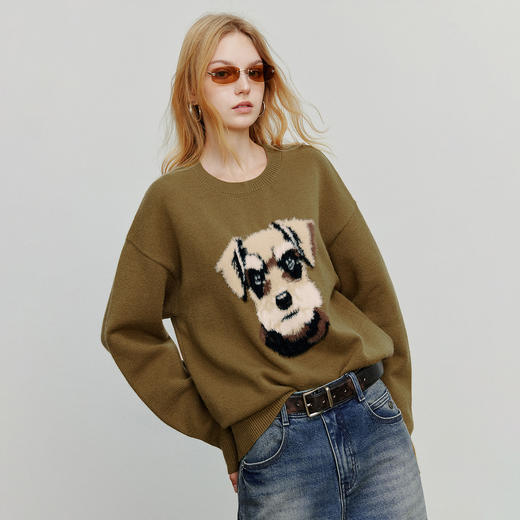 初语针织衫女新款减龄童趣毛绒狗头毛织保暖复古上衣 商品图1