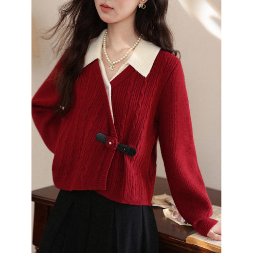 鹿向南「落日海棠」红色假两件拼接设计感毛衣女秋季气质长袖上衣 商品图3