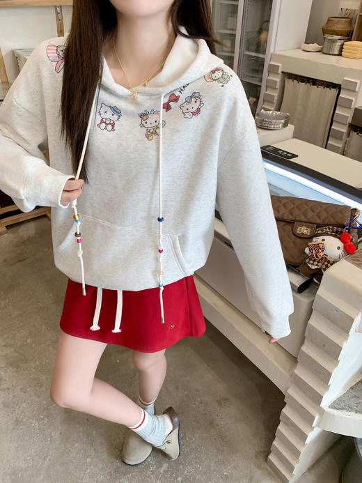 【179元任选2件】现货！灰色猫咪印花套头连帽卫衣 商品图9